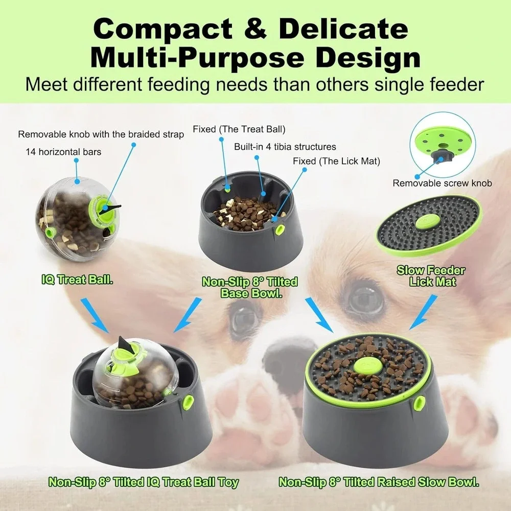 Multi-Purpose Dog Feeder 3 in 1 IQ Training Slow Feeding w/ Treat Ball, Lick Mat